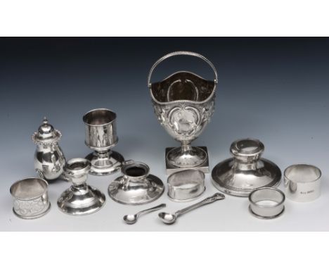 Small collection of miscellaneous silver and other wares including a silver capstan inkwell, a silver squab candlestick, napk