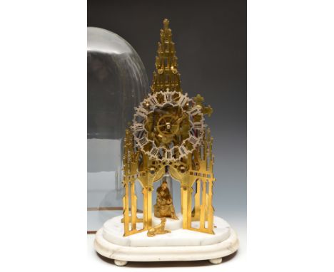 A Victorian Scott memorial skeleton clock, the silvered and pierced chapter ring with shield shaped Roman numerals, twin chai