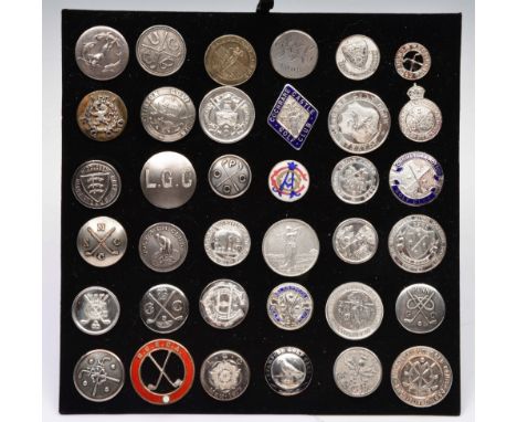 (Of golfing interest) Collection of thirty six silver metal and enamel Golf Club medal buttons including four set with enamel