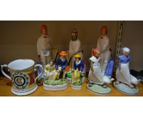 Two Royal Copenhagen models of girls each with a goose, five Staffordshire cricketing figures,and  a Spode bicentenary MCC ta