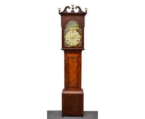 A mahogany eight day longcase clock with break arch painted Roman dial with subsidiary seconds and date dials signed Jas. Ped