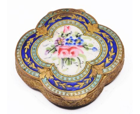 Continental compact of shaped form with applied blue and pale green enamel borders with a further painted floral enamel panel