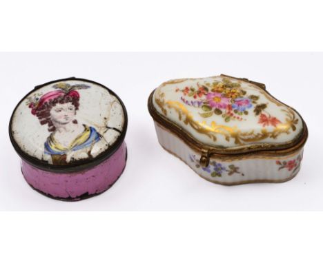 18th Century French enamel pill box of circular form, decorated with painted decoration with a bust of a young woman, togethe