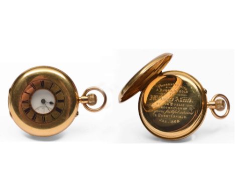 18ct gold Half Hunter pocket watch with enamel dial and plain case in presentation box