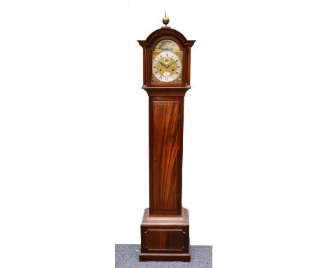 A Sinclair Harding, Cheltenham, mahogany longcase clock the brass break arch dial with silvered Roman chapter ring, Arabic fi