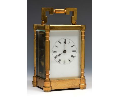 A French carriage clock  with white enamel Roman dial, replaced platform escapement and coiled gong strike, the polished and 