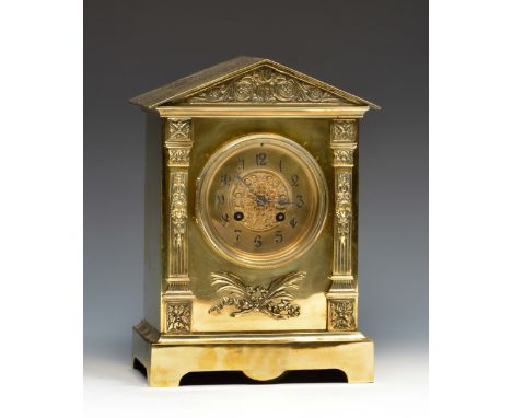 A French brass mantel clock with Arabic chapter ring and Marti drum movement with outside count wheel coiled gong strike with