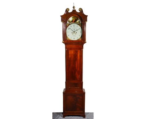 A mahogany eight day longcase clock the 13" arched painted dial with Arabic numerals, subsidiary seconds dial and date apertu