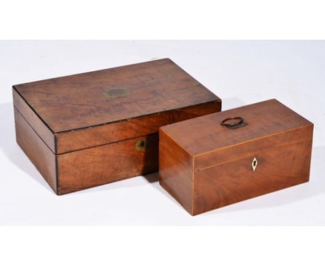 Victorian walnut large work box 40cm and a 19th Century mahogany rectangular tea caddy with fitted interior, 30cm (2)
