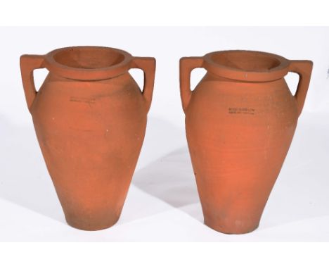 Pair of terracotta two handled amphora impressed Bitossi Filippo Montelupo Fiorentino, 57.5cm high and one other terracotta p