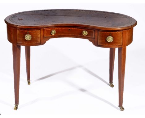 Late 19th Century mahogany and inlaid kidney shaped table with three drawers to front, on tapering legs, 76cm high, 105cm wid