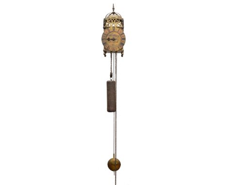 A Reproduction brass lantern clock, Thomas Moore, Ipswich, with hook and spike and painted bracket support, 37cm high