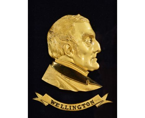 Victorian gilt relief portrait of Wellington in a rosewood frame and five other gilt metal Victorian portraits with relief mi