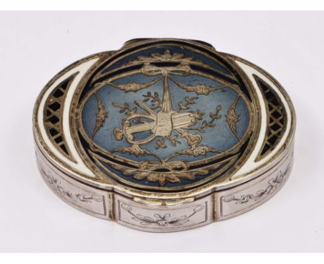 French silver pill box of stylised oval form with engraved and blue enamel decoration