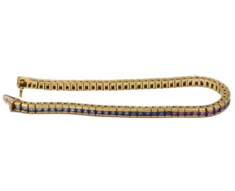 18ct gold tennis bracelet with tricolour sapphire, amethyst and peridot setting, 18cm