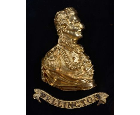 Victorian gilt metal portrait relief bust of Wellington in a maple wood frame and four other similar framed studies