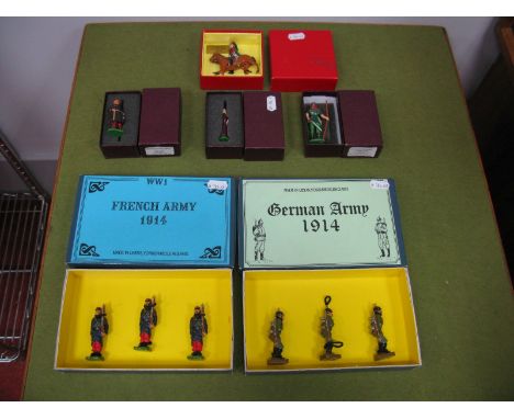 Two Sets of White Metal Model Figures, manufactured in Leeds, French Army 1914, German Army 1914, four single white metal mod