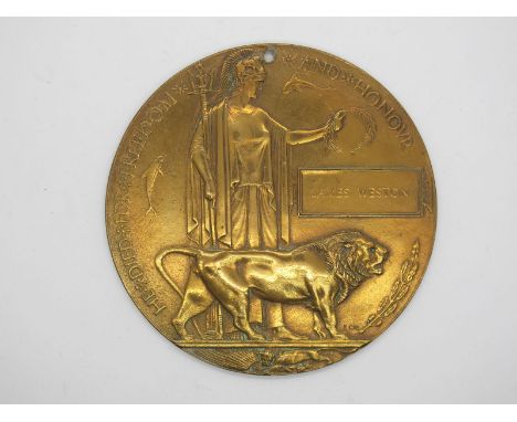 A WWI Bronze Death Plaque to James Weston, small hole drilled at top.