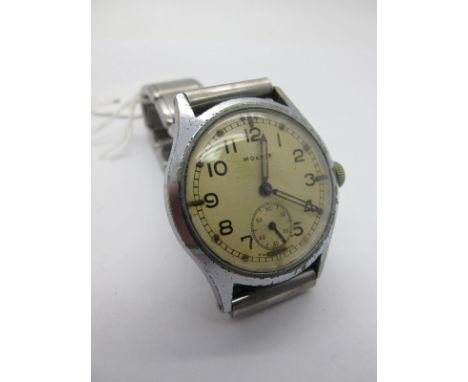 A Mid XX Century British Military Watch by Meris, stainless steel case and wristband, case stamped with WD arrow, ATP, S6099,