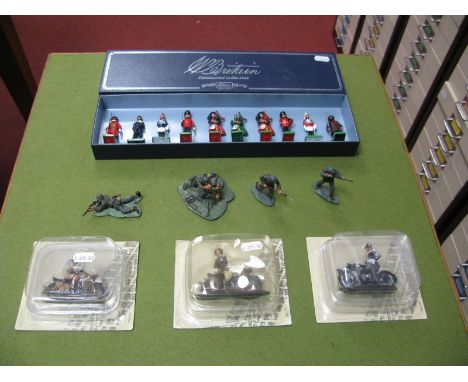 A Boxed W. Britain White Metal Military Figure Set #00093 All the Queens Men, four Britains white Metal WWII German Army figu