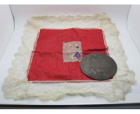 A WWI Bronze Death Plaque, to Frederick Ambrose Marples with silk "Forget Me Not" souvenir.