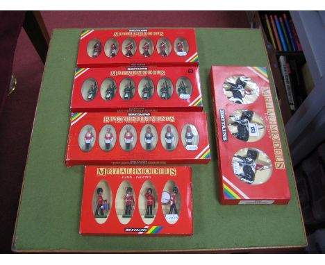 Five Boxed W Britain White Metal Model Military Figure Sets, including #7210 Scots Guards Drum and Bugle Set, #7227 three Lif