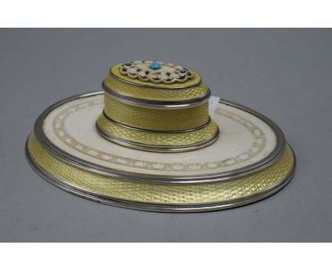 A Continental 935 silver and enamel mounted oval inkstand, 18cm.