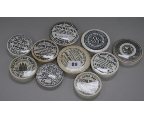 Ten Victorian Areca Nut toothpaste pot lids, including St Paul's and Army & Navy Co-operative Society