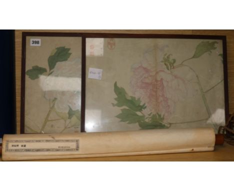 Chinese School2 watercoloursStudies of peonies and a printed scroll of a horse