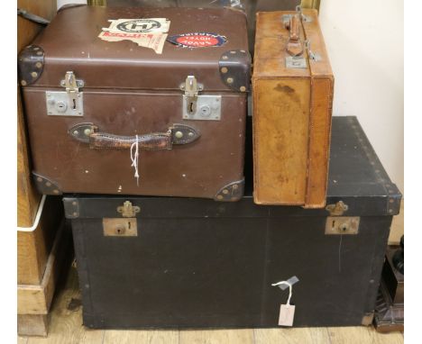 A car travelling trunk, a small cabin trunk and a leather suitcase, largest W.76cm