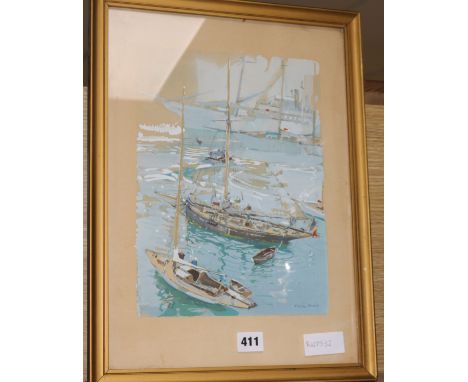 A pochoir print of a harbour sceneoverall 16 x 11.5in.