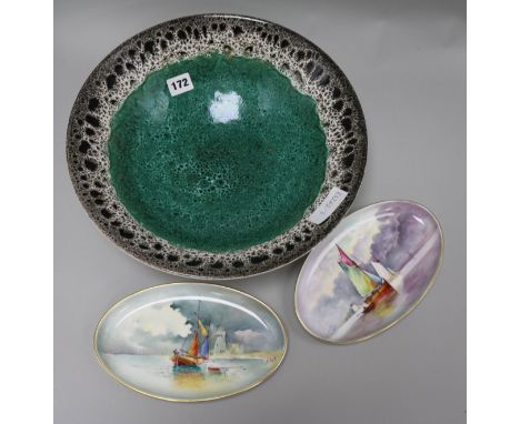 A Poole pottery bowl and two painted Minton dishes