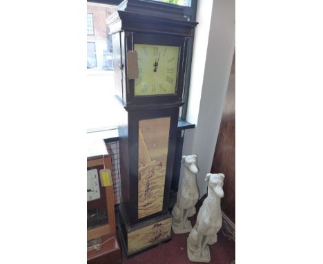 A contemporary grandfather clock, with Roman dial, the trunk and base with printed landscape scenes 