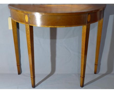 A 20th century mahogany inlaid demi lune console table, raised on tapered legs, H.74 W.91 D.37cm 