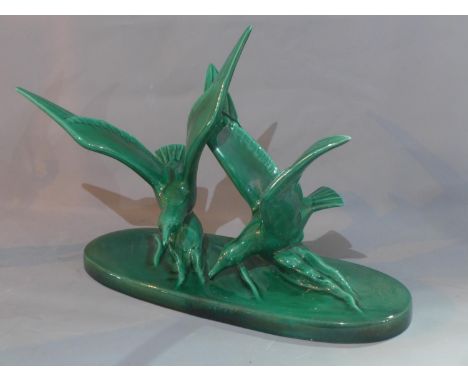An Art Deco green glazed ceramic study of seagulls, on base, H. 39 W.51cm 