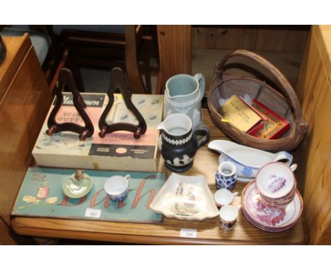 A quantity of lustre ware cups and saucers, jasperware type jugs, a vintage boxed icing set etc.