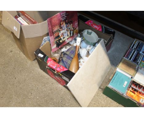 A box containing a wooden table lamp; a marble chopping board; various teaware etc,.