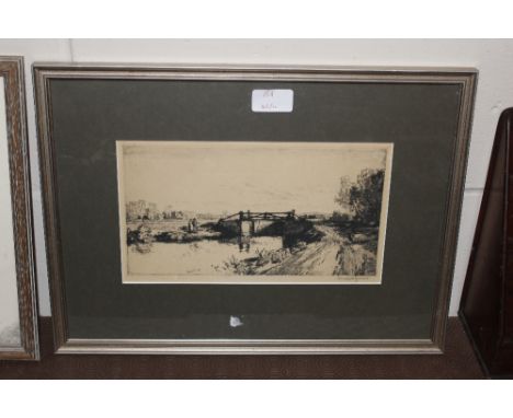 A Leonard Russell Squirell, pencil signed dry point etching of a wooden bridge across a river with figures in the foreground,