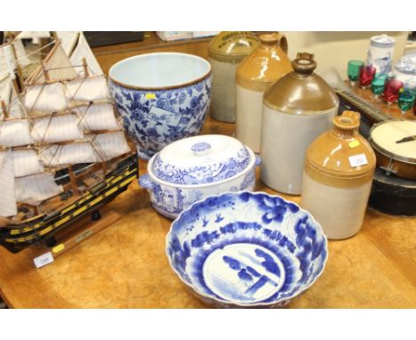 A blue and white bowl and a blue and white imperial cookware Spode "Blue Italian" decorated tureen; and a large blue and whit