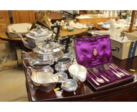 A quantity of various silver plated ware to include tea pot, coffee pot, decanter label, sauce boats, sugar bowl etc. 