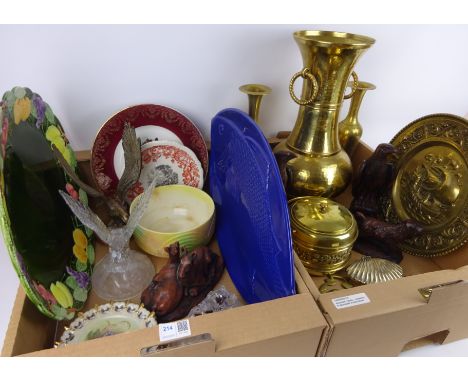 Large ceramic fish platter, glass sculptures, brassware and ceramics in two boxes   Condition Report   Click here for further