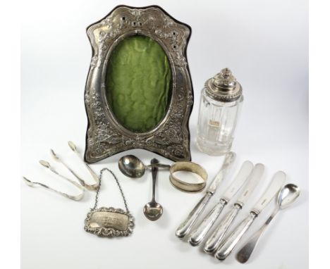 Georgian silver caddy spoon, sherry ticket, sugar nips etc approx 3oz and Victorian photograph frame, Victorian heavy cut gla