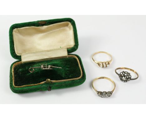 Gold ring set with three seed pearls stamped 14k, diamond ring stamped 18ct, one other 9ctplat and a seed pearl brooch (diamo