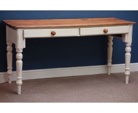 Victorian painted pine two drawer console table with polished pine top, W152cm, H77cm, D59cm   Condition Report   Click here 