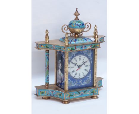20th century Cloisonné and brass mantle clock, H25cm CLOCKS & BAROMETERS - as we are not a retailer, these items are sold as 