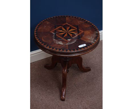 19th century inlaid walnut circular occasional table, raised on mahogany tripod base, D48cm, H50cm   Condition Report   Click