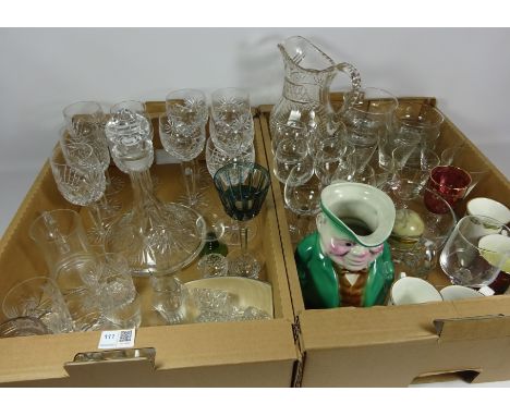 Large 19th/ early 20th Century cut glass claret jug, crystal ships decanter, drinking glasses, early 20th Century Toby jug an