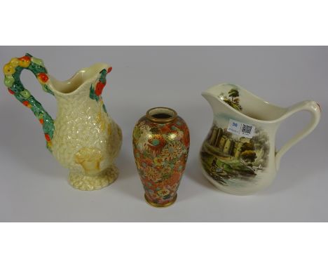Clarice cliff jug moulded with fruit, Clarice Cliff Barnard Castle jug, and an early 20th Century Satsuma vase with all over 