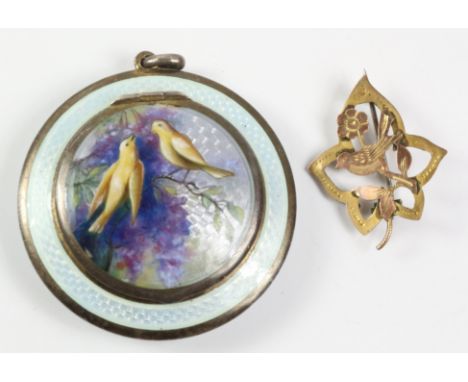 Swiss silver gilt & enamel locket/compact stamped Geneve 935 and an Edwardian naturalistic brooch stamped 9ct   Condition Rep