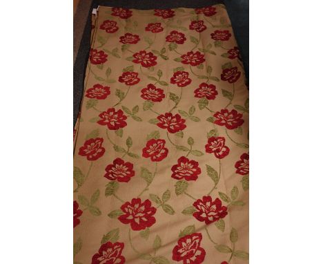 Pair lined curtains, gold with red and green floral decoration, W226cm, Drop - 225cm   Condition Report   Click here for furt